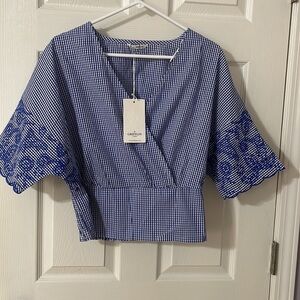 Grifflin Paris Navy Blue Gingham Check Faux Wrap Cropped Top Small